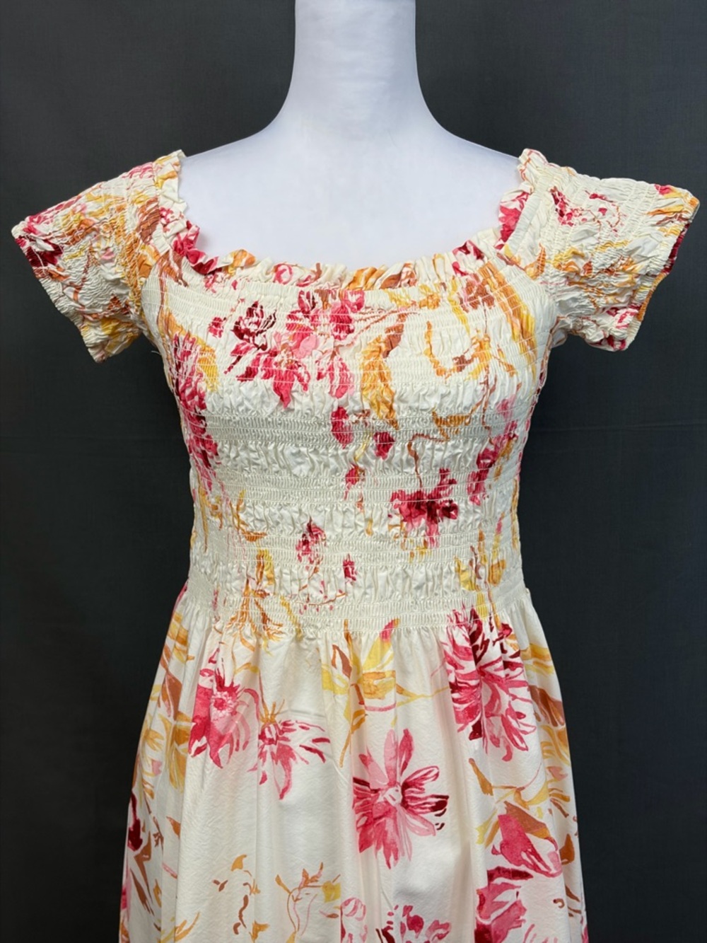 🎉H&M Cream Maxi Dress |Pink & Yellow Floral Print | Stretch Smock Off Shoulder M - Picture 2 of 9